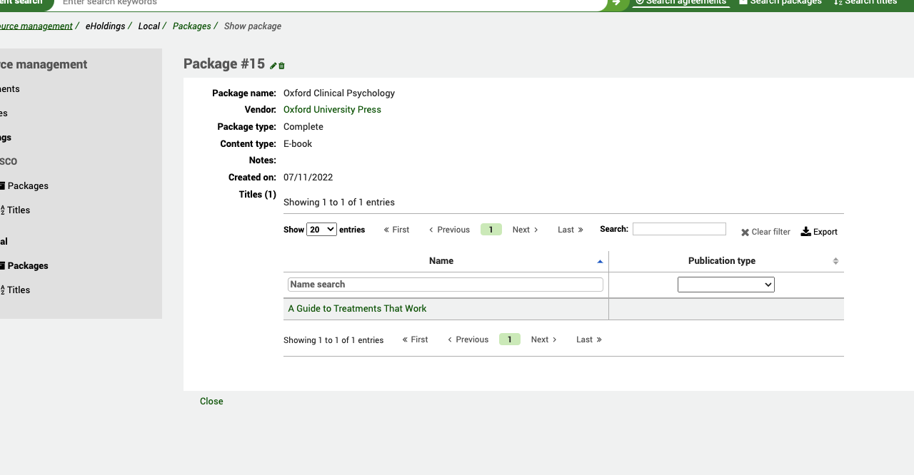 Full view of a package, showing details such as package name, vendor, package type, content type and a list of titles.