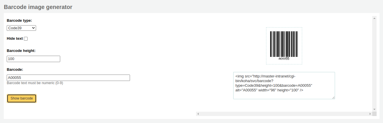 Barcode generator tool, on the right there is a barcode image and an HTML img tag