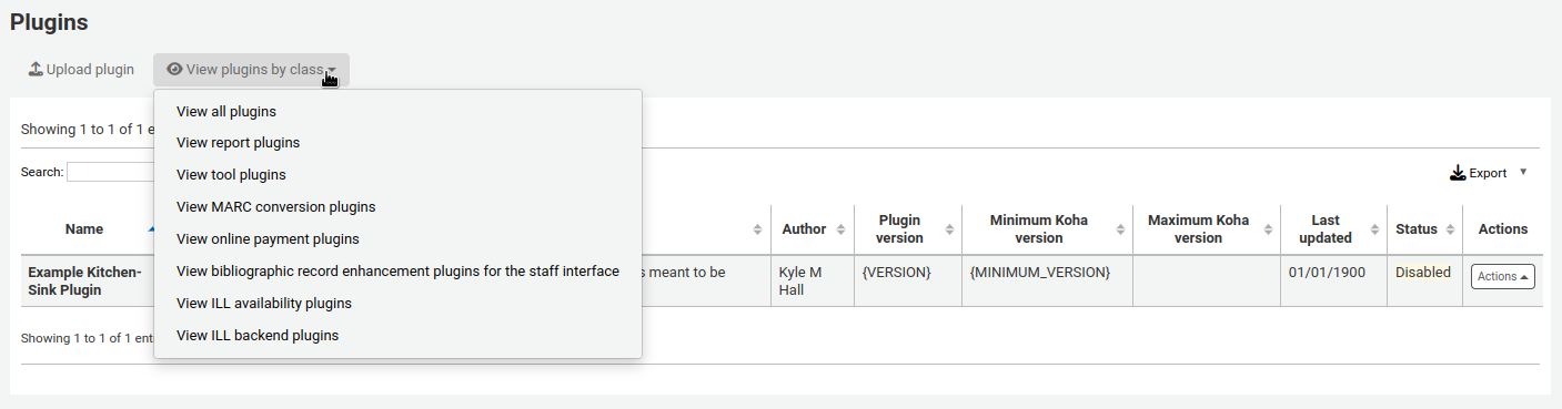 The 'View plugins by class' button is pressed, the options are: view all plugins, view report plugins, view tool plugins, view MARC conversion plugins, view online payment plugins, view bibliographic record enhancement plugins for the staff interface, view ILL availability plugins