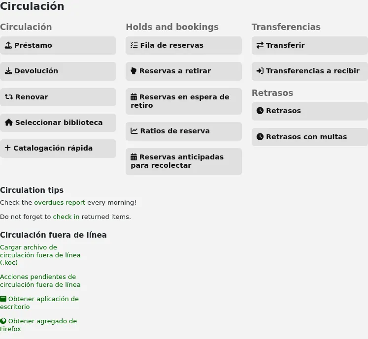 Screenshot that shows where the content of IntranetCirculationHomeHTML appears on the circulation home page, under the circulation action buttons and above the offline circulation links