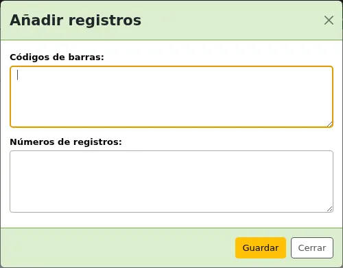 Window to add items to a list by barcode or biblionumber