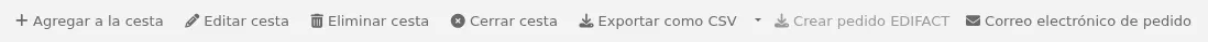 Buttons at the top of the basket page: Add to basket, Edit basket, Delete basket, Export as CSV, E-mail order