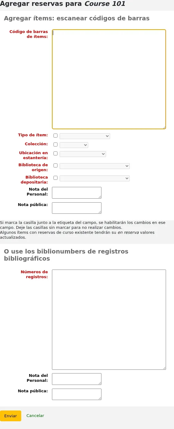 Screen to add several barcodes or biblionumbers to a course reserve