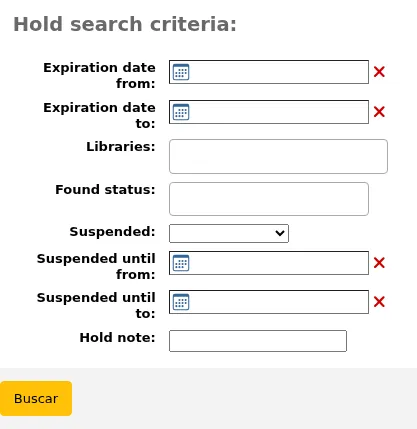 Batch holds modification search form with fields "Expiration date from:", "Expiration date to:", "Libraries:", "Found status:", "Suspended:", "Suspended until from:", "Suspended until to:" and "Hold note:". All fields are empty.