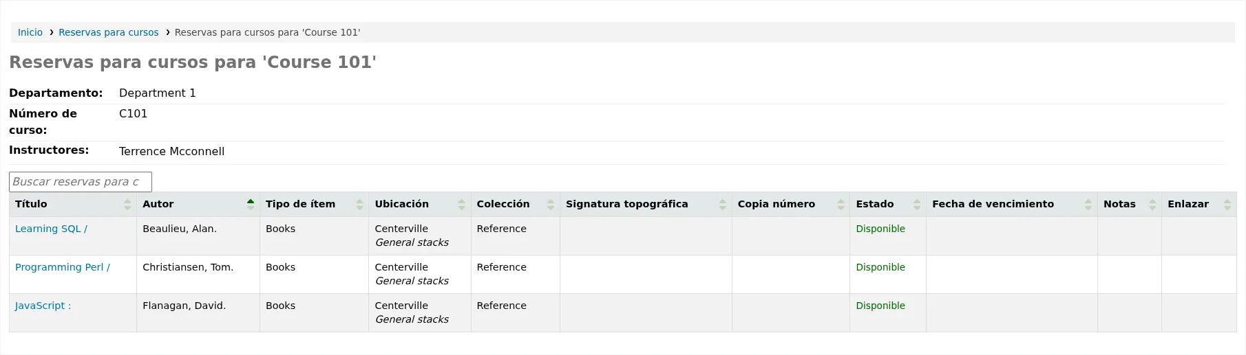 Course detail page in the OPAC, showing the course details and reserve materials