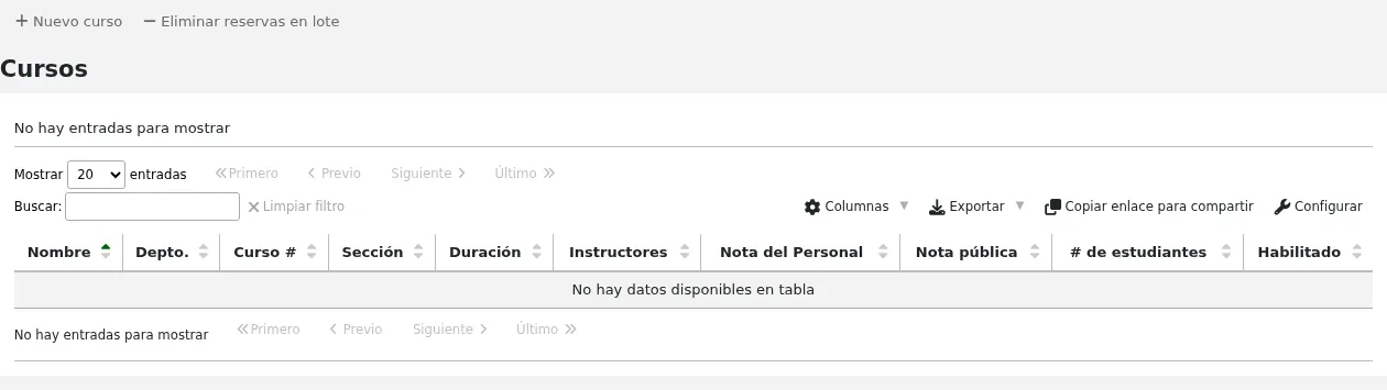 Courses page, no courses
