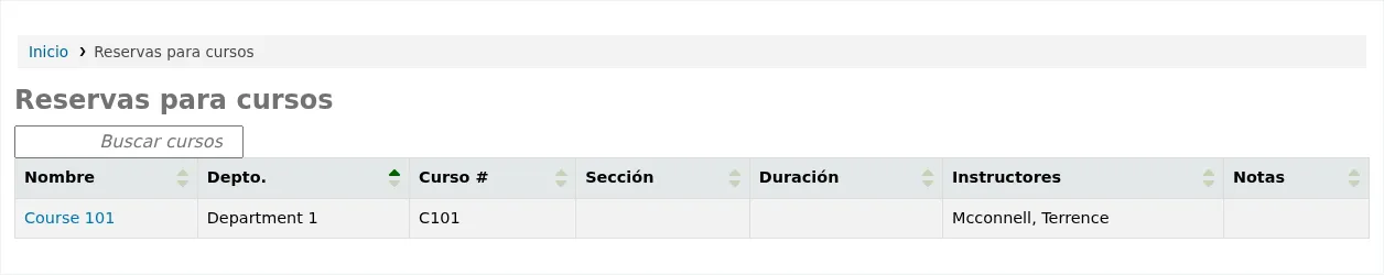 Course reserves page in the OPAC showing the available courses in a table
