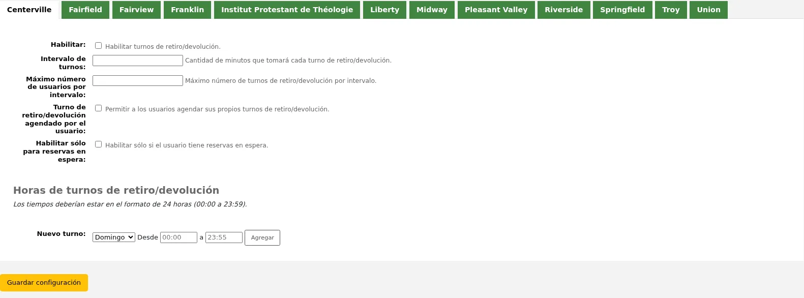 Curbside pickup configuration page, there are tabs at the top of the page for each library in the system, with a form under them