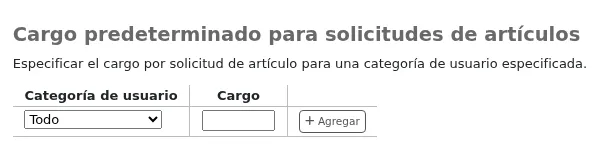 Default article request fee by patron category form in the circulation and fines rules page