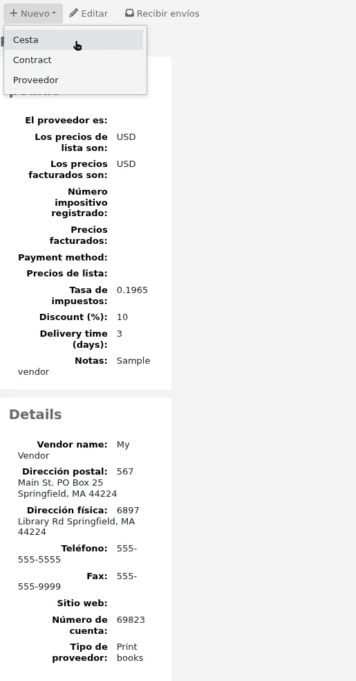 The 'Basket' option in the 'New' button on the vendor's page