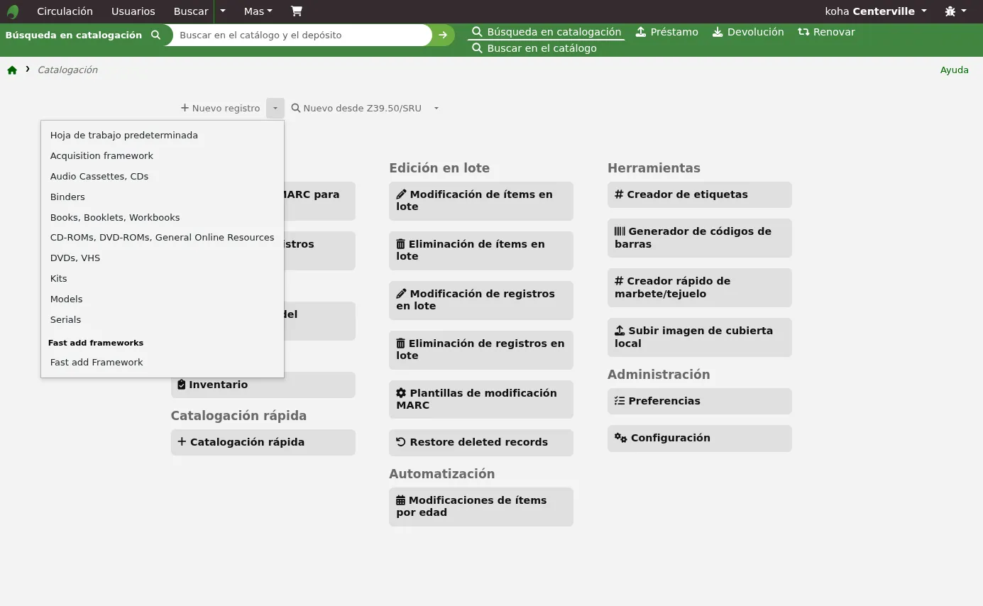 A choice of bibliographic frameworks opens when the arrow next to the 'New record' button is clicked