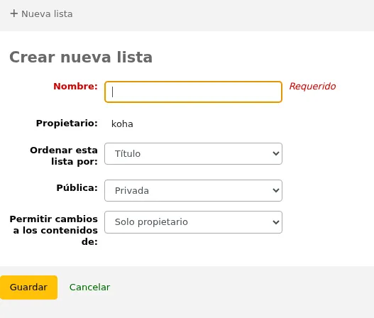 Form for creating a new list
