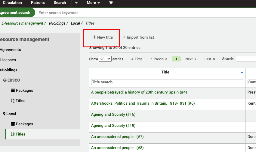 In the eHoldings Local Titles section, the focus is on the 'New title' button.