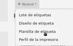 'New' menu in the label creator page is opened and the mouse cursor is on the 'Label template' option