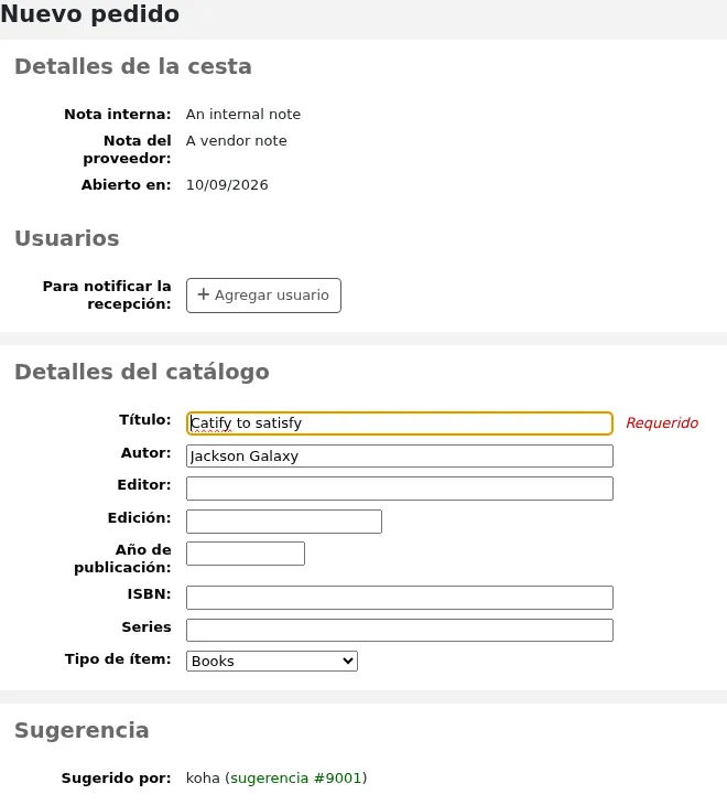 Order form with the patron's information in the suggestion section