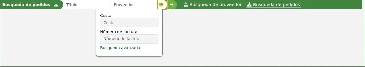 The search bar at the top of the page has two options in the acquisitions module, Vendor search and Orders search, this show the order search option, expanded
