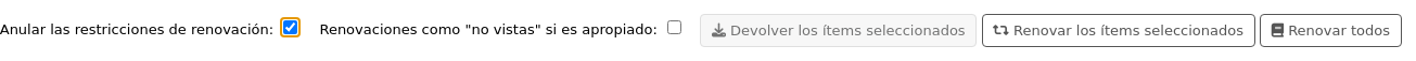 Bottom of the circulation summary table, there are two checkboxes 'Override renewal restrictions' and 'Renew as unseen if appropriate', followed by three buttons 'Check in selected items', 'Renew selected items', and 'Renew all'. The checkbox 'Override renewal restrictions' is checked.