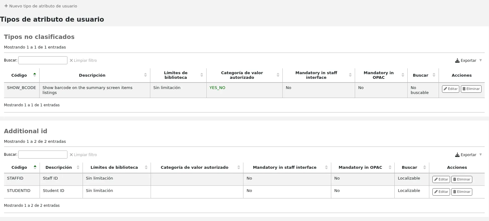 Tables of all patron attribute types already set up, separated in two tables, 'Unclassified types' and 'Additional ID'