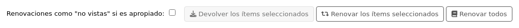 Three buttons: 'Check in selected items', 'Renew selected items' and 'Renew all'
