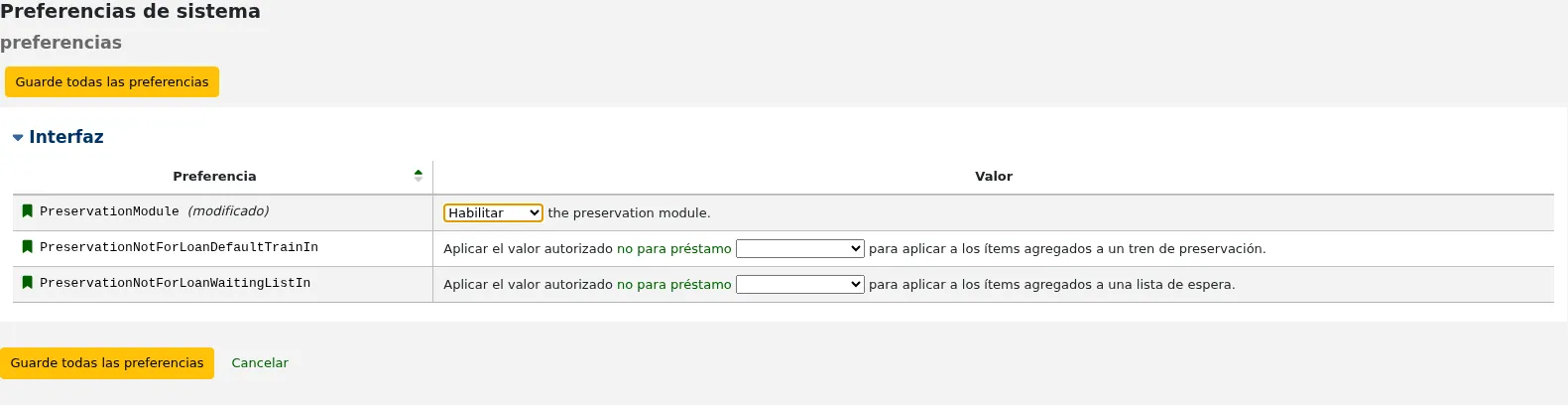 Screenshot of the Features system preferences for the Accounting section. There is a (modified) flag next to AutoCreditNumber and a button at the top of the table 'Save all Accounting preferences'