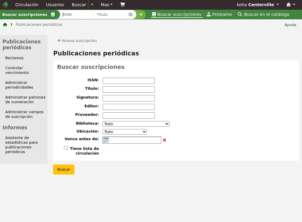 Main page of the serials module with the left hand side menu, the New subscription button, and the subscription search form