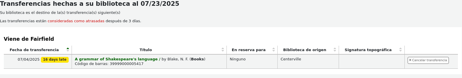 Table of Transfers made to your library as of the day's date. Shows a list of items that are in transit. Transfers sent more than 3 days ago are in red with the mention "Transfer is X days late".