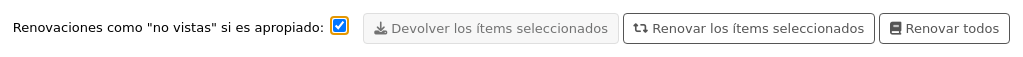 Bottom of the circulation summary table, there are two checkboxes 'Override renewal restrictions' and 'Renew as unseen if appropriate', followed by three buttons 'Check in selected items', 'Renew selected items', and 'Renew all'. The checkbox 'Renew as unseen if appropriate' is checked.