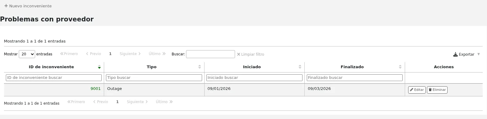Table of vendor issues, showing the issue ID, the issue type, and the started on and ended on dates. Action buttons are Edit and Delete.