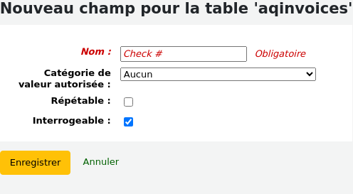 Add field form, filled with Check # as the Name, and Searchable is checked