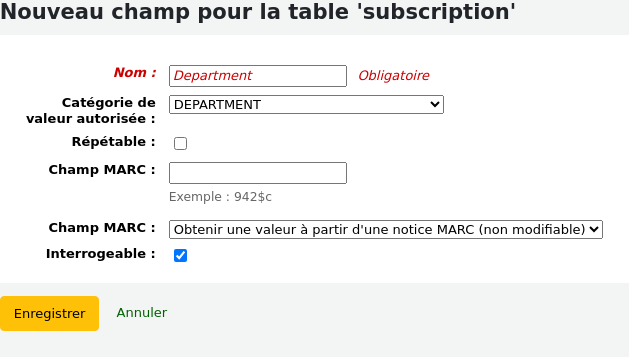 Add field form, filled with Department as the Name, DEPARTMENT as the authorized value category and Searchable is checked