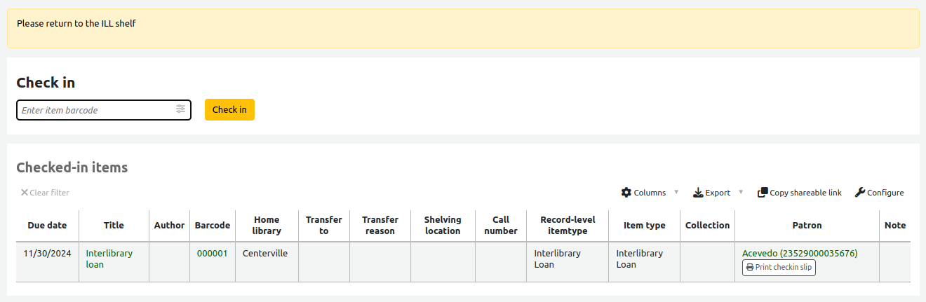 Message reading 'Please return to ILL shelf' in a yellow box in the checkin page