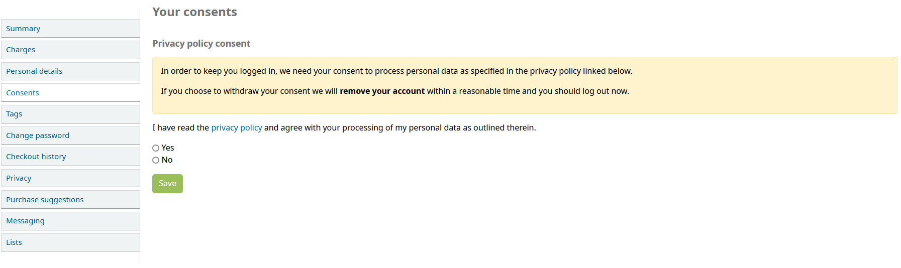 View of the tab 'Consents' in the logged in patron's account showing a message about the privacy policy of the library. An option is given to choose to agree or to disagree with the processing of personal data as defined by the privacy policy.