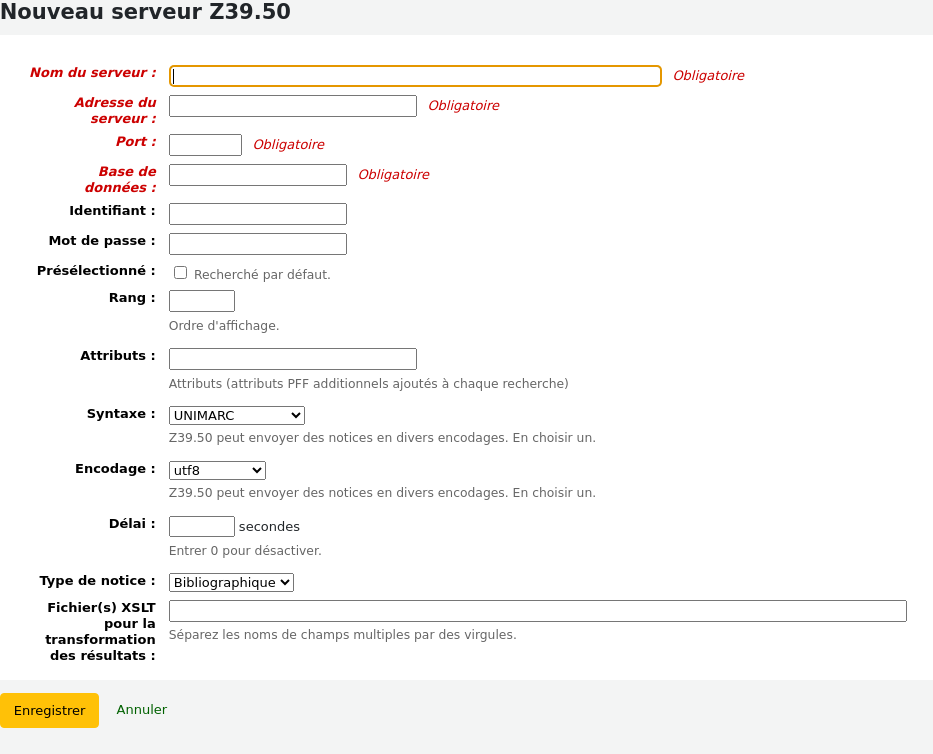 New Z39.50 server form