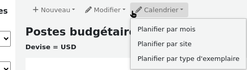 On the page for the list of funds in a budget, the Planning button is open and the options are: Plan by months, Plan by libraries, and Plan by item types