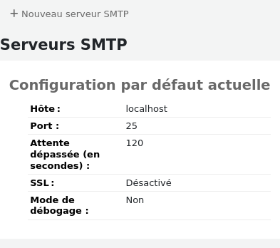 Main page of the SMTP servers configuration section, there are no servers except the default