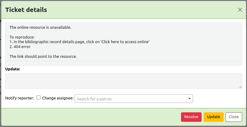 Details of a catalog concern, the text the reporter submitted is visible, there is a field to enter an update, a 'Notify reporter' check box, a field to choose an assignee, and buttons are 'Resolve', 'Update', and 'Close'