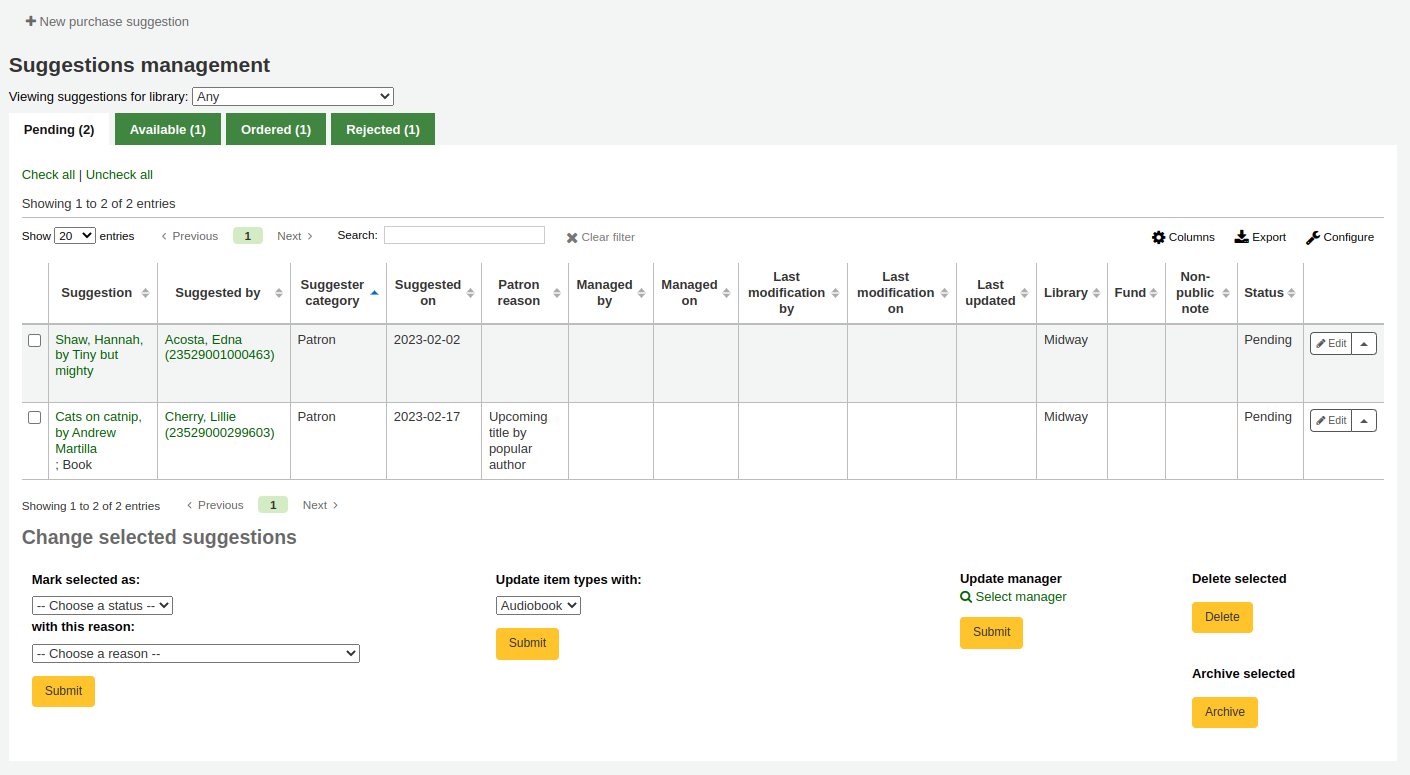 Page d'outil de gestion des suggestions d'achat