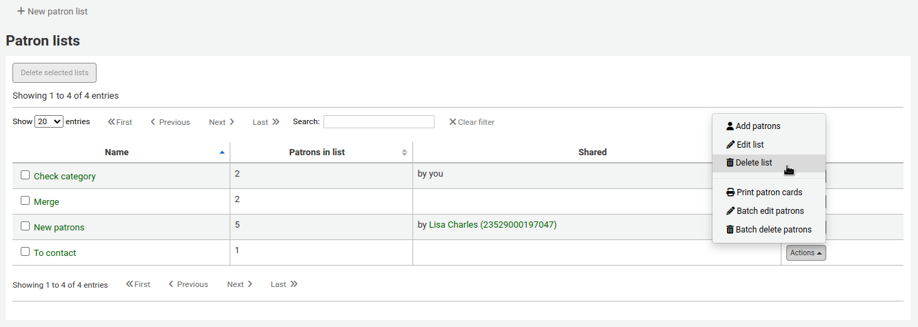 संरक्षक सूचियों की सूची का दृश्य, एक सूची के दाईं ओर कार्रवाई बटन दबाया जाता है और माउस कर्सर डिलीट लिस्ट विकल्प पर है
