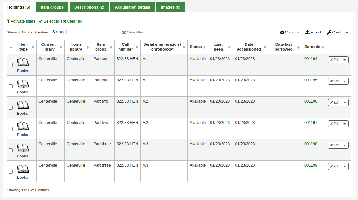 The 'Holdings' tab in a detailed record in the staff interface, there are six items, both volume ones are in the item group 'Part one', both volume twos are in the item group 'Part two' and both volume threes are in the item group 'Part three'