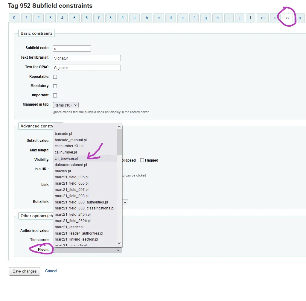 Activating call numbers browser in subfield o of field 952