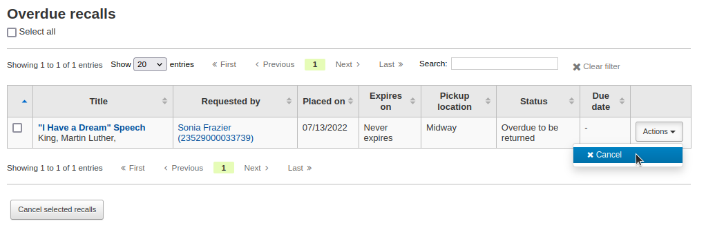 Screenshot of the overdue recalls, the Actions button is clicked and the mouse cursor is on the Cancel option.