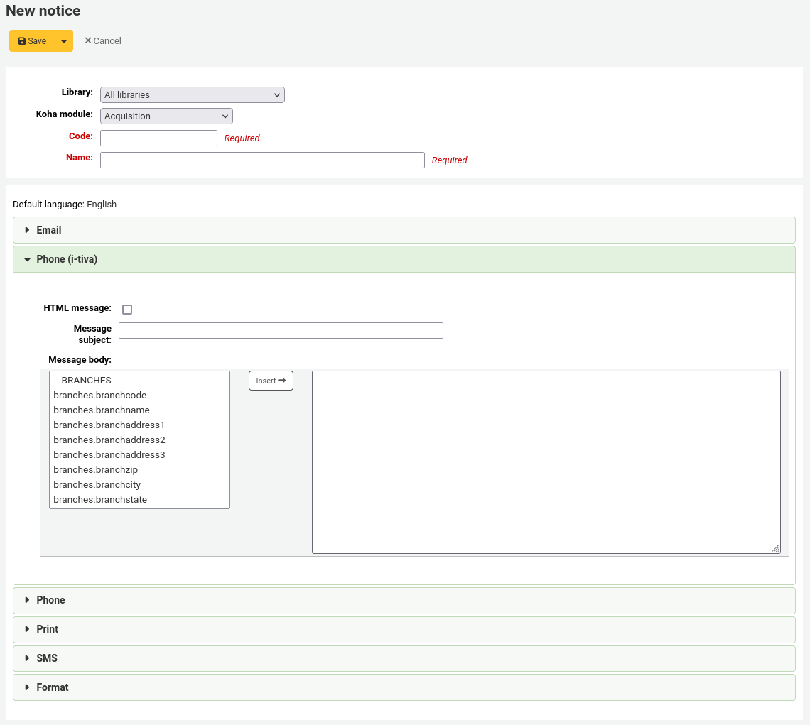 Form to create a new notice, the Phone (i-tiva) section is expanded