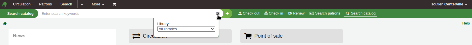 Menu and search bar at the top of the page in the staff interface, the Search catalog option is selected, the mouse cursor is on  the settings icon and there is a library drop-down menu