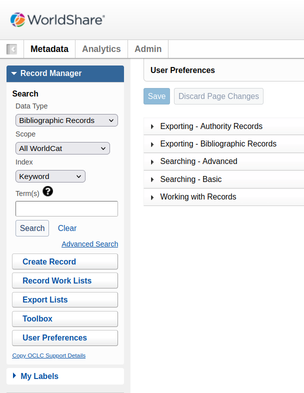 Screenshot of 'User Preferences' in the WorldShare web interface.