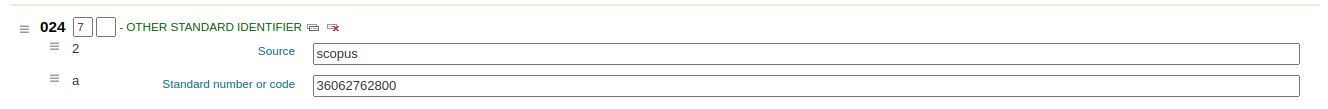 024 field in an authority record, first indicator contains 7, second indicator is empty, subfield 2 contains 'scopus' and subfield a contains a number