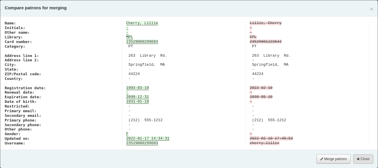The compare screen shows both patron files next to each other with differences highlighted