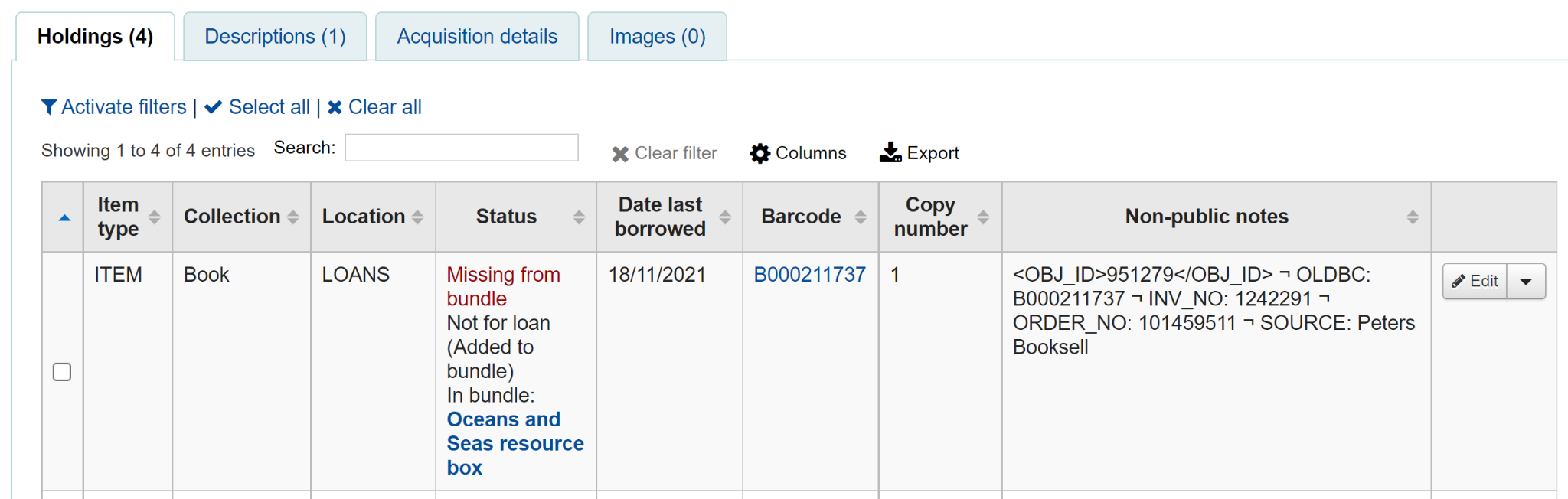 Holdings tab in a detailed record in the staff interface, one of the items has the 'Missing from bundle' lost status, the status column also shows which bundle this item is a part of with a link to the bundle