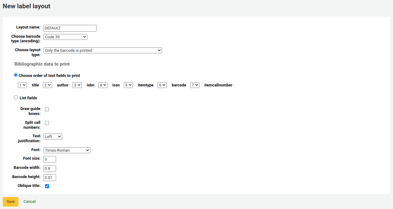 New label layout form