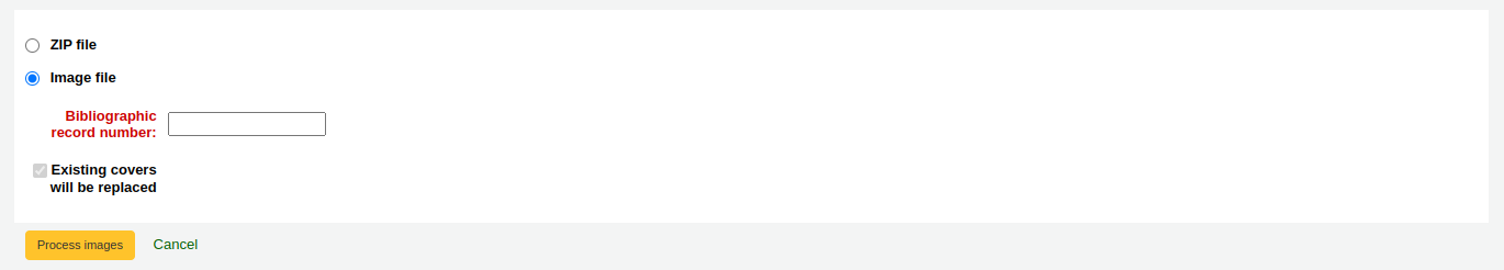 Options after choosing the image file in the upload local cover image tool: ZIP file or image file, bibliographic record number, and the choice to replace existing covers