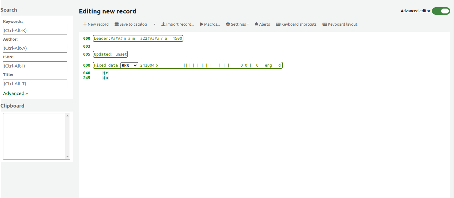 Advanced cataloging editor screen